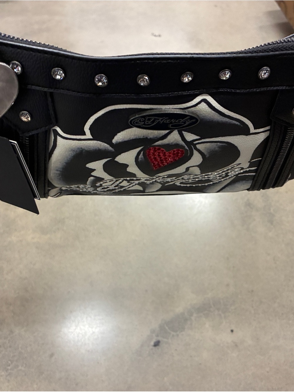 Ed Hardy Black Shoulder bag with White Rose and Red Heart Accent